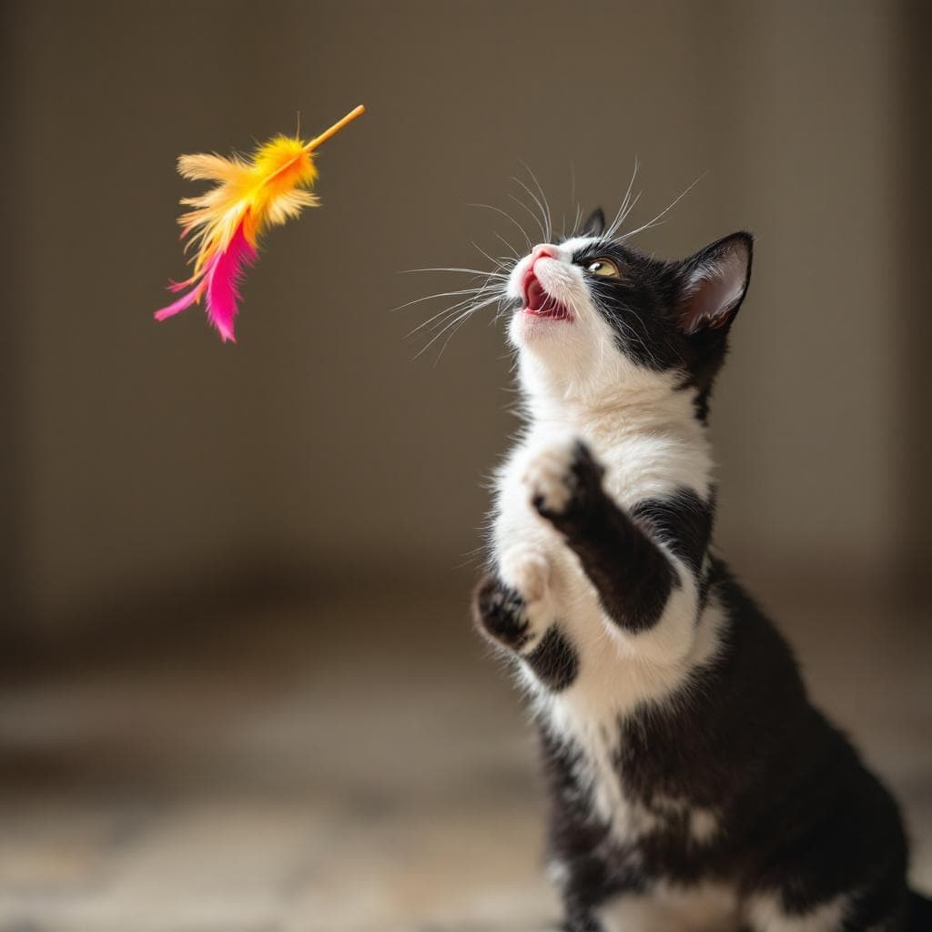 Bandit showing off his hunting prowess with the feather wand