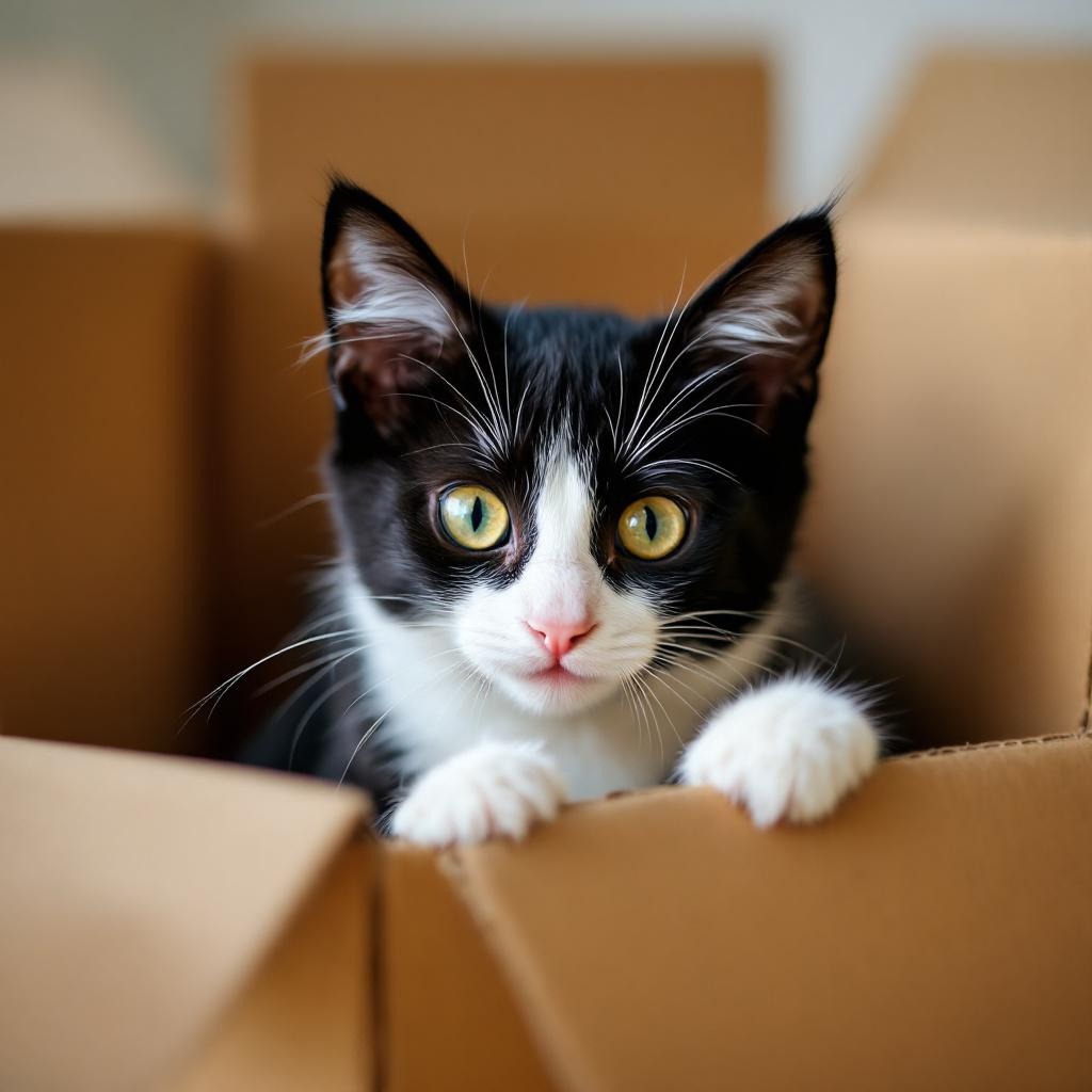 Peeking out from her cozy box hideaway